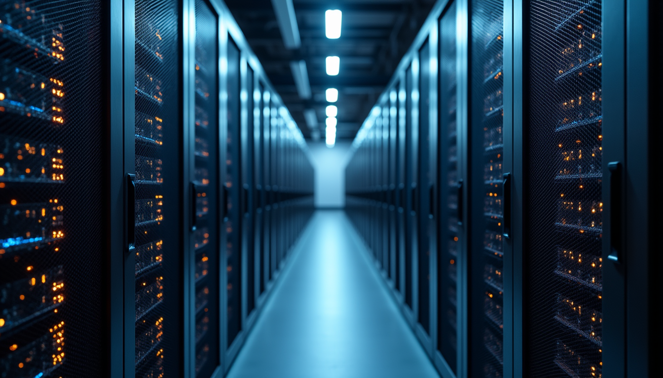 Eye-level view of a server room with blinking lights
