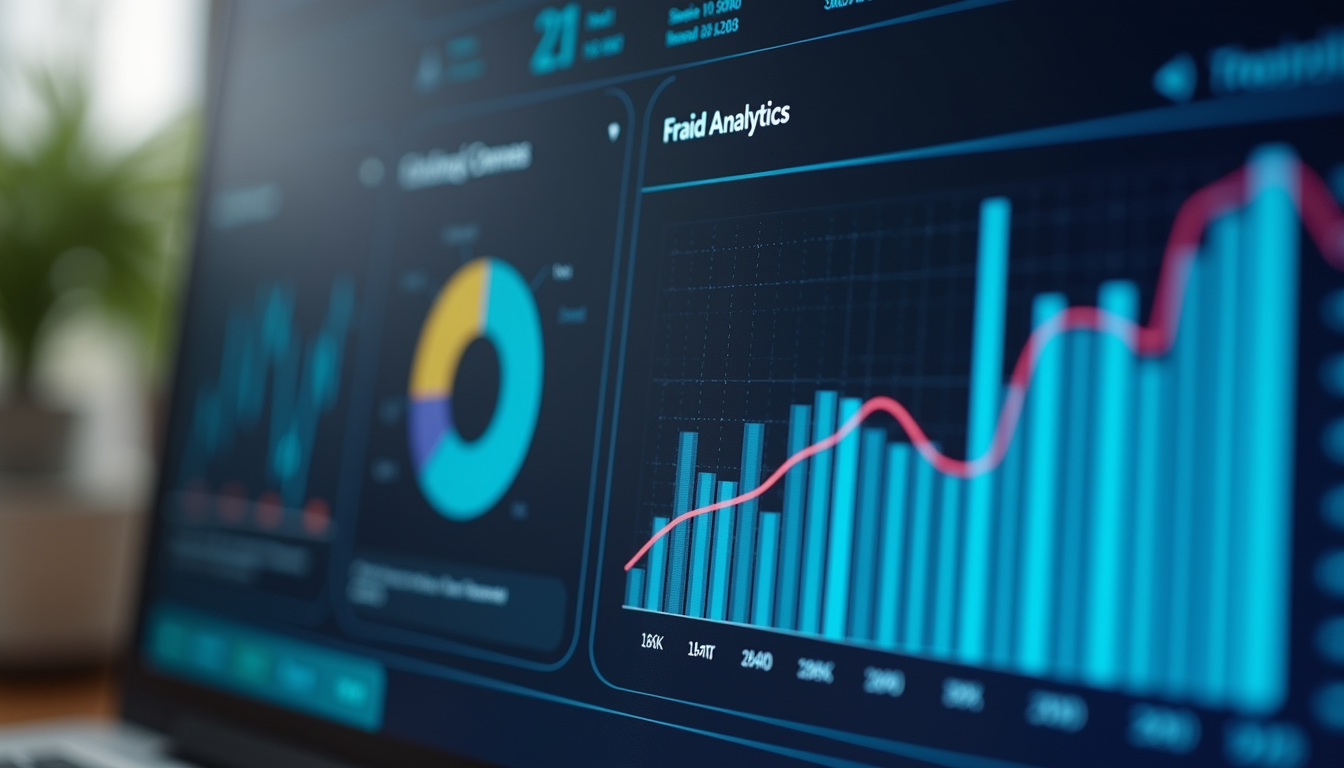 Close-up view of a computer screen displaying fraud analytics dashboard