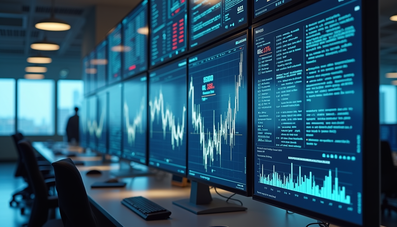 Eye-level view of a modern financial office with AI data screens