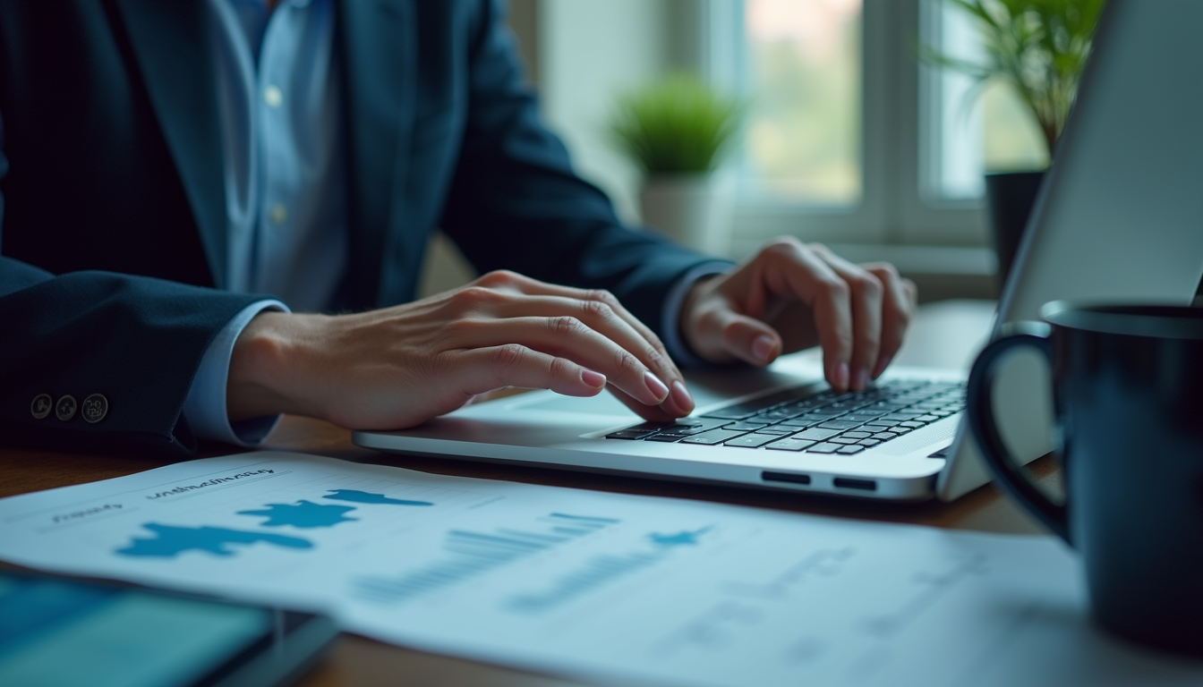 Close-up view of a financial analyst working with AI-powered software