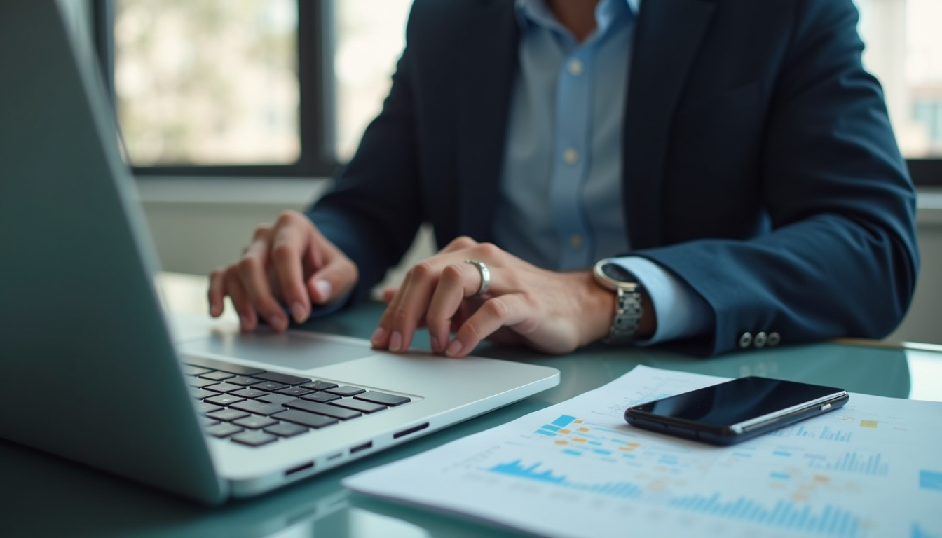 Close-up view of a financial advisor using AI-powered software on a laptop