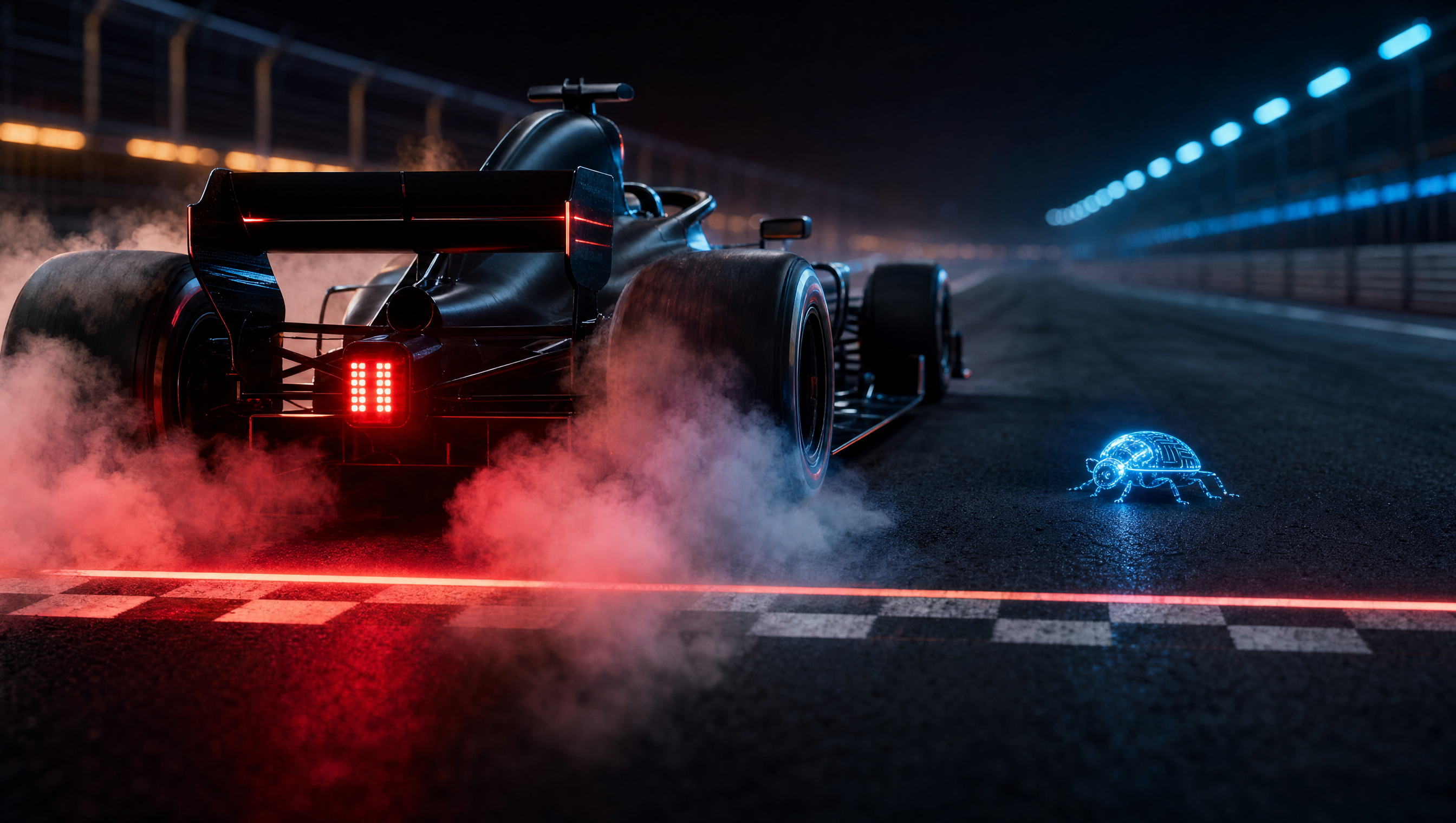 A matte-black race car stalled at the start line, brakes locked and rear tires pouring white smoke, going nowhere, while a small glowing circuit-board bug crawls across the track ahead, never reached.