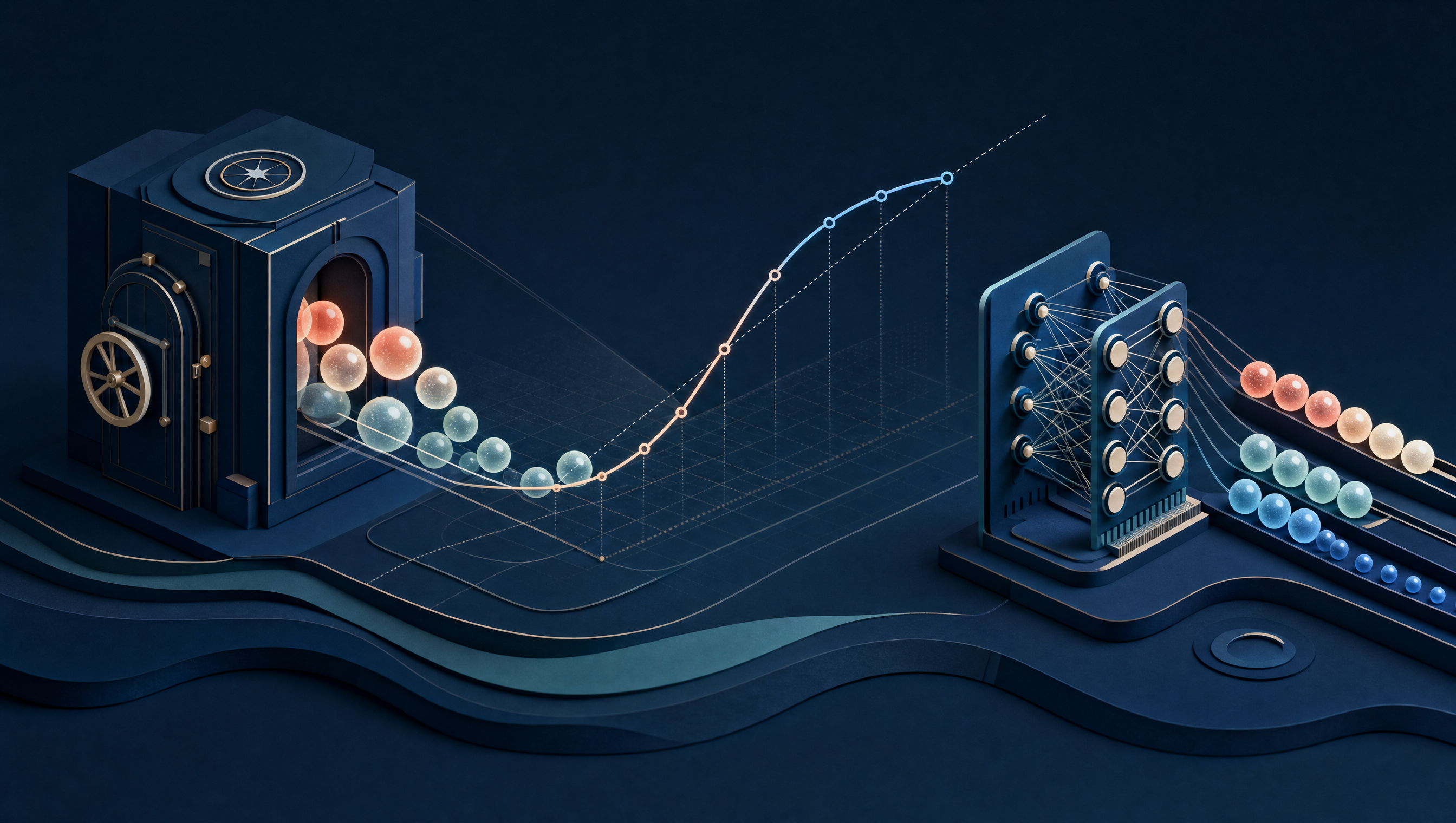 A sealed decision machine and a compact neural network sort probability spheres on opposite sides of a calibration curve.