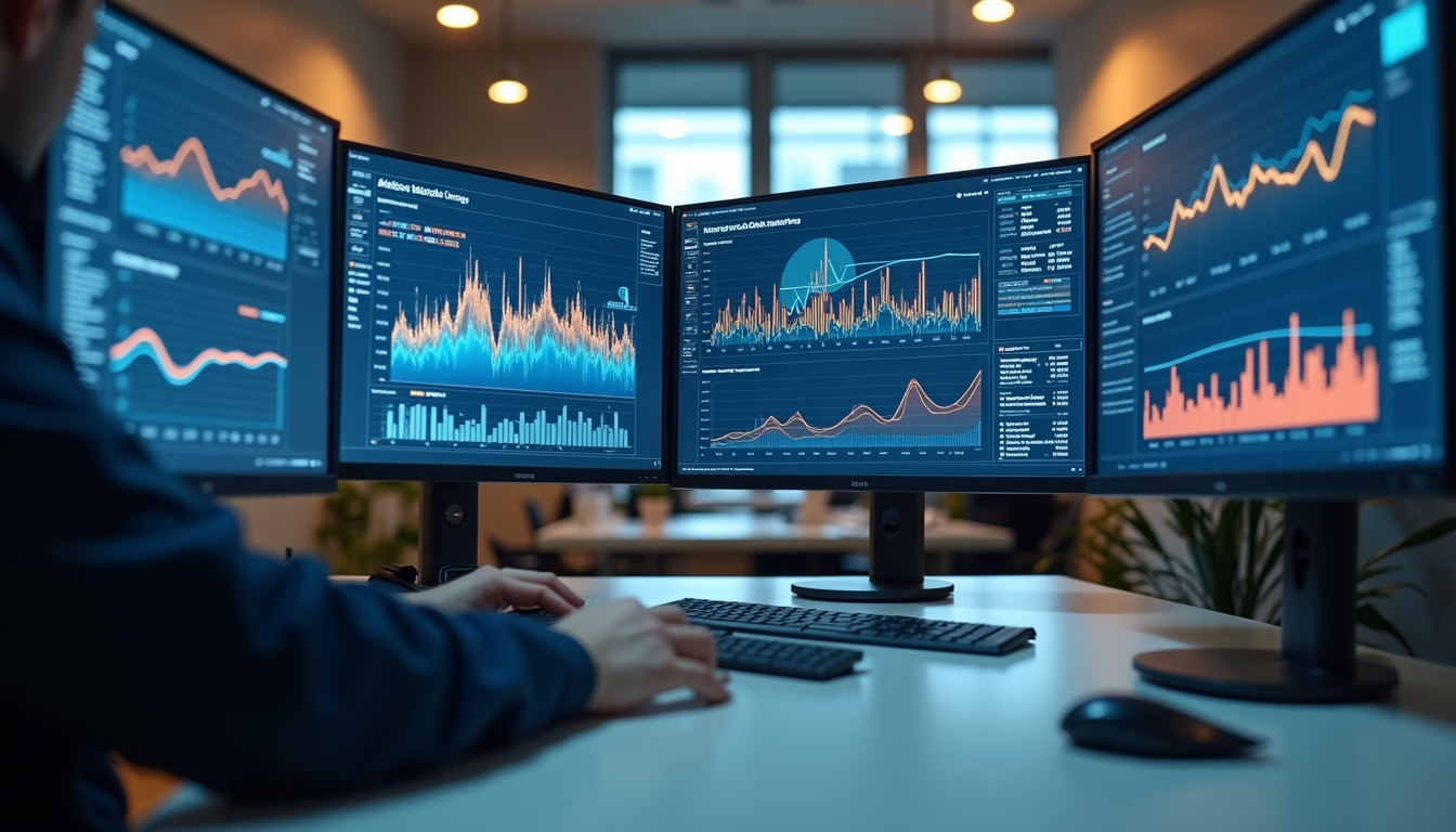 Eye-level view of a modern office workspace with multiple computer screens displaying data analytics