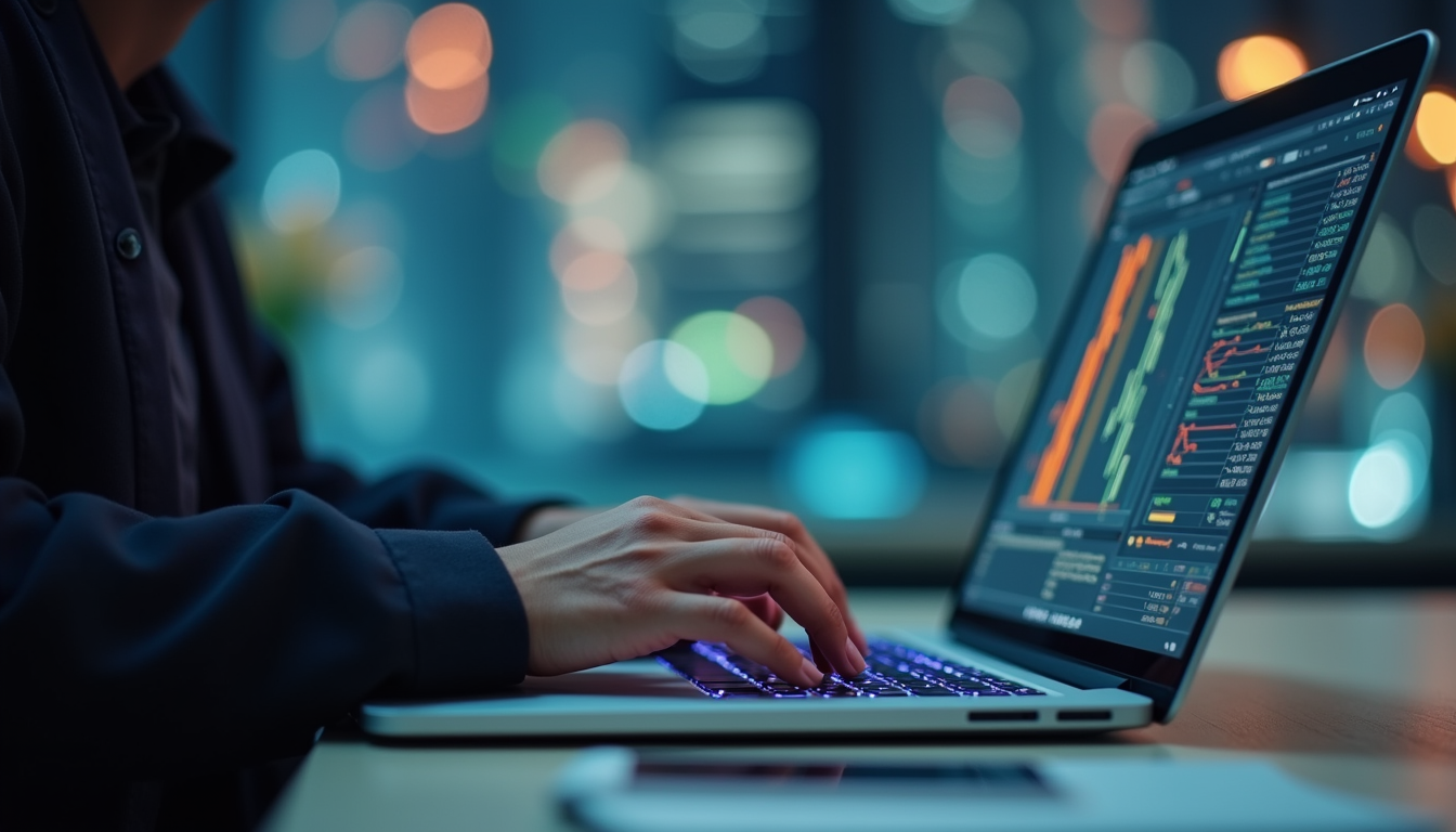 Close-up view of a data scientist working on AI model development on a laptop