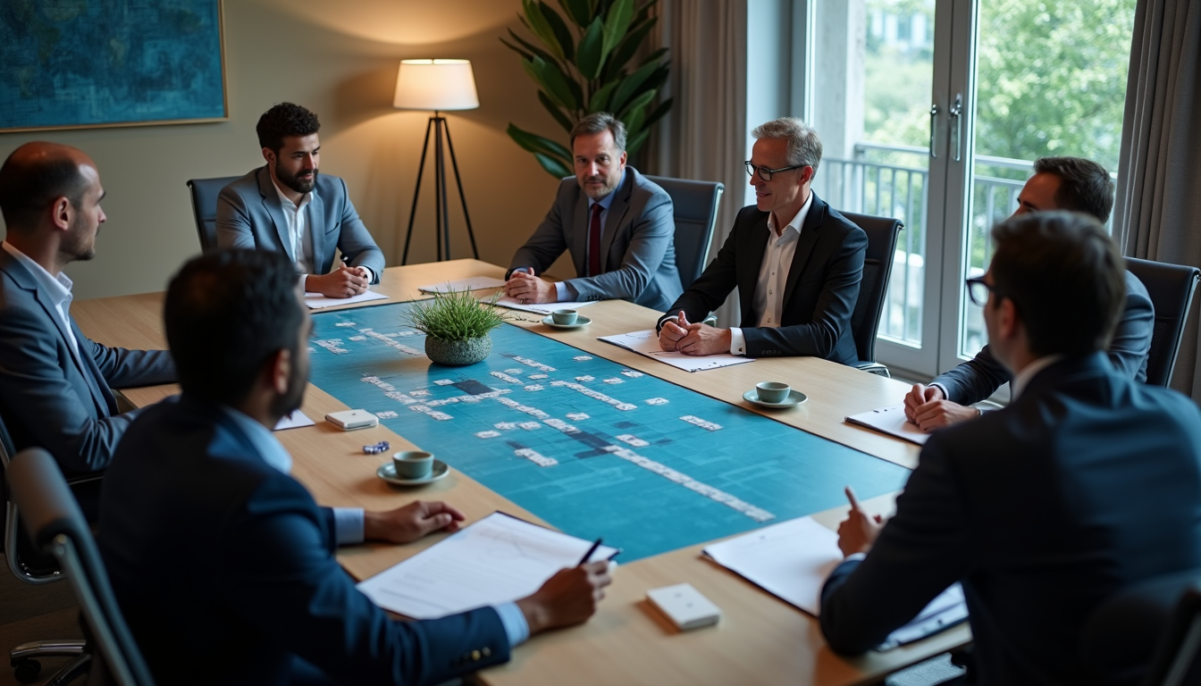 High angle view of a business team discussing AI strategy around a conference table